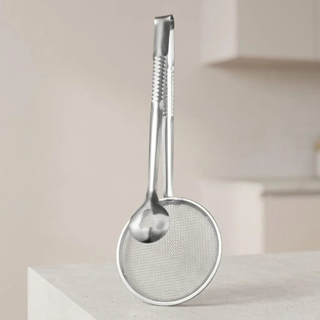 STONEGO Stainless Steel Mesh Strainer Spoon With Oil Filter Clip