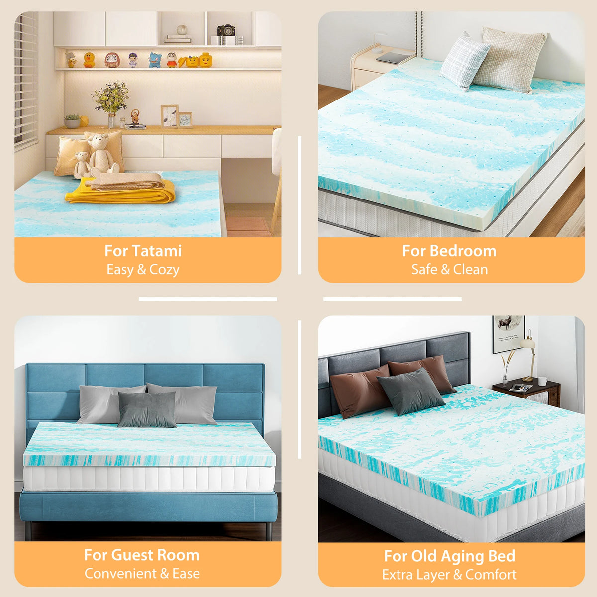 JHK Gel Memory Foam Mattress Topper Cooling Comfort