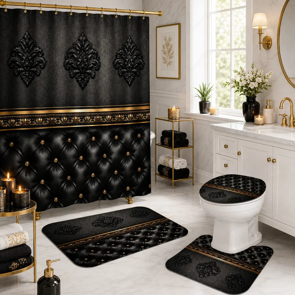 Baroque Shower Curtain Set with Bath Mats and Toilet Covers