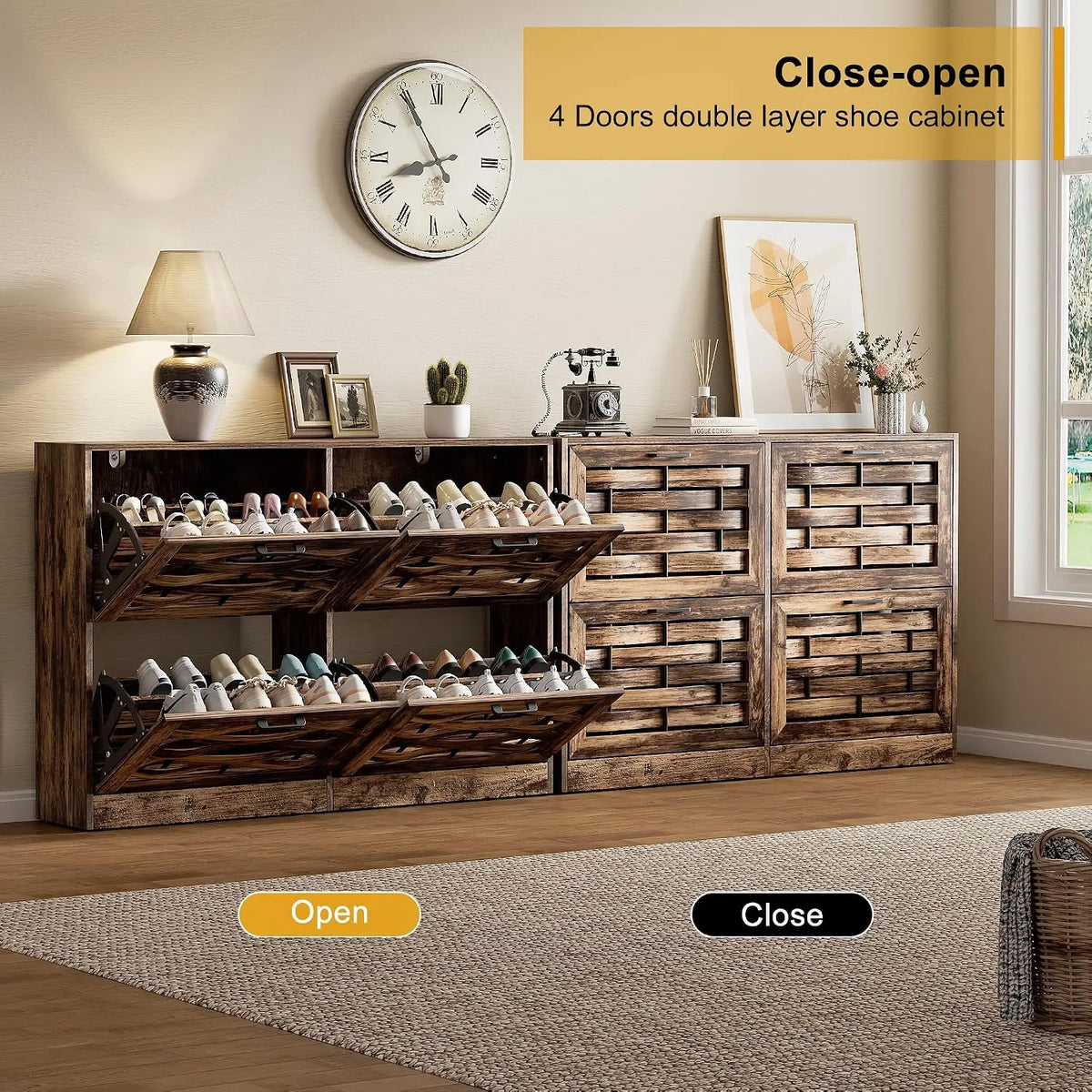 Slim Shoe Cabinet With Four Flip Drawers And Woven Front Panels