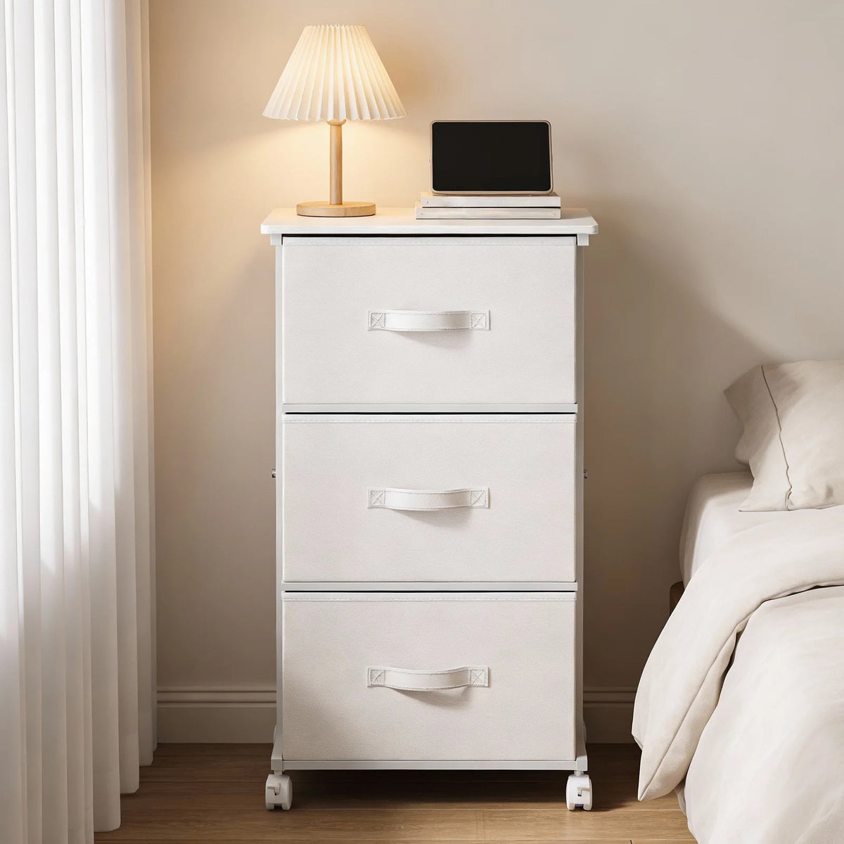 JHK 3 Drawer Rolling Fabric Dresser Cabinet