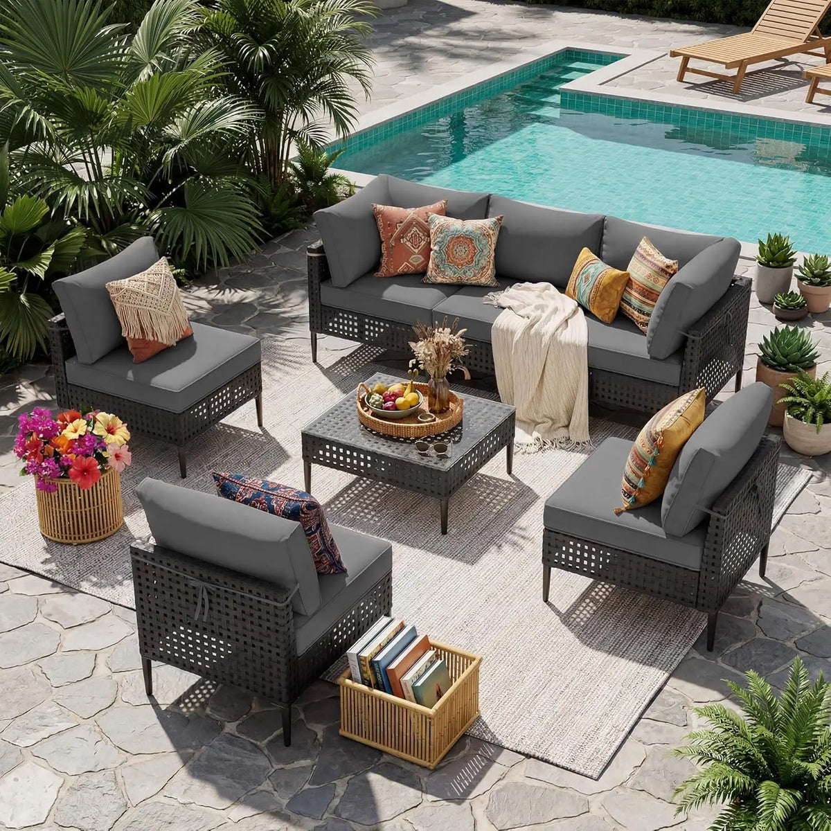 Modern Bamboo Outdoor Sectional Sofa With Glass Table