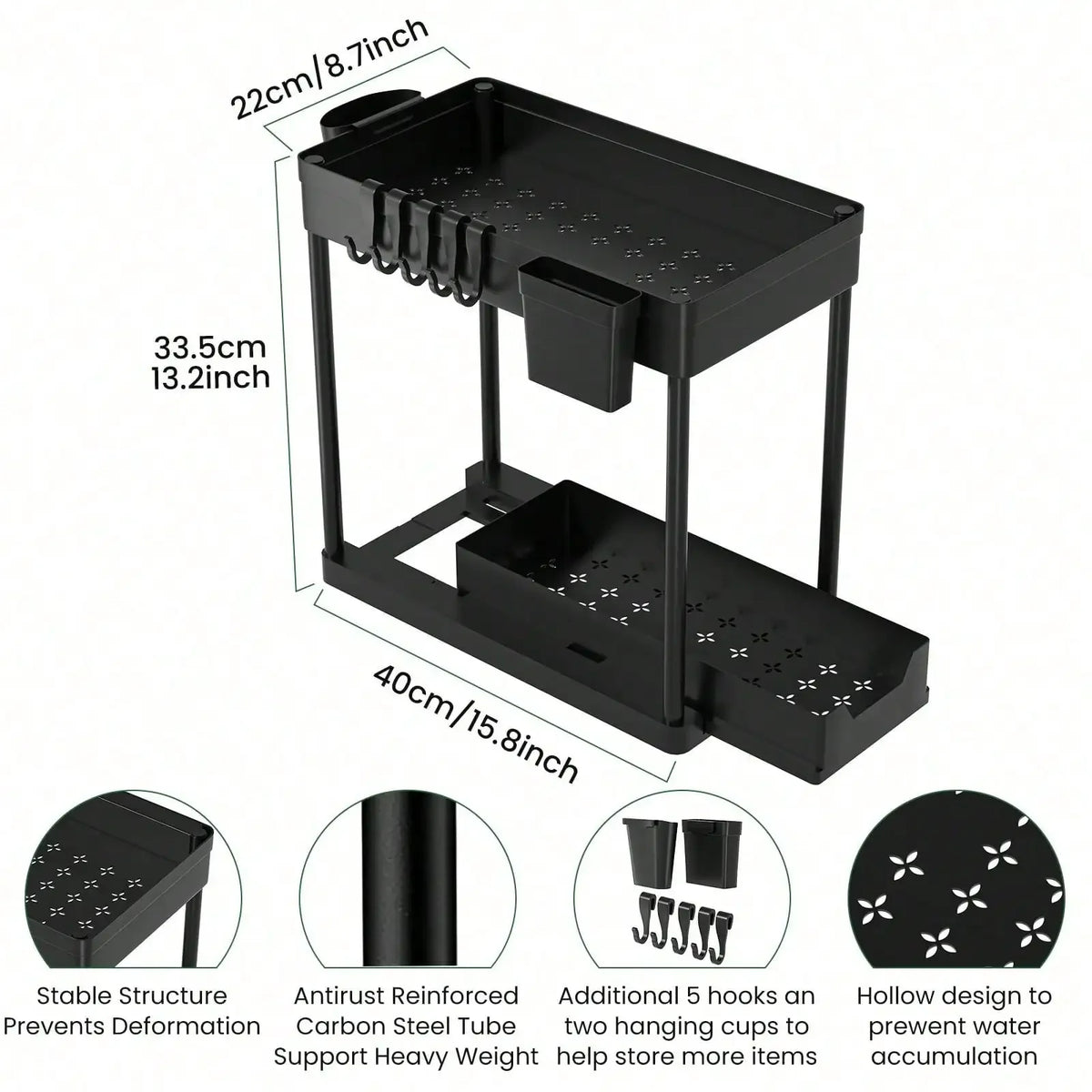 Under Sink Two Tier Pull Out Organizer With Baskets And Hooks