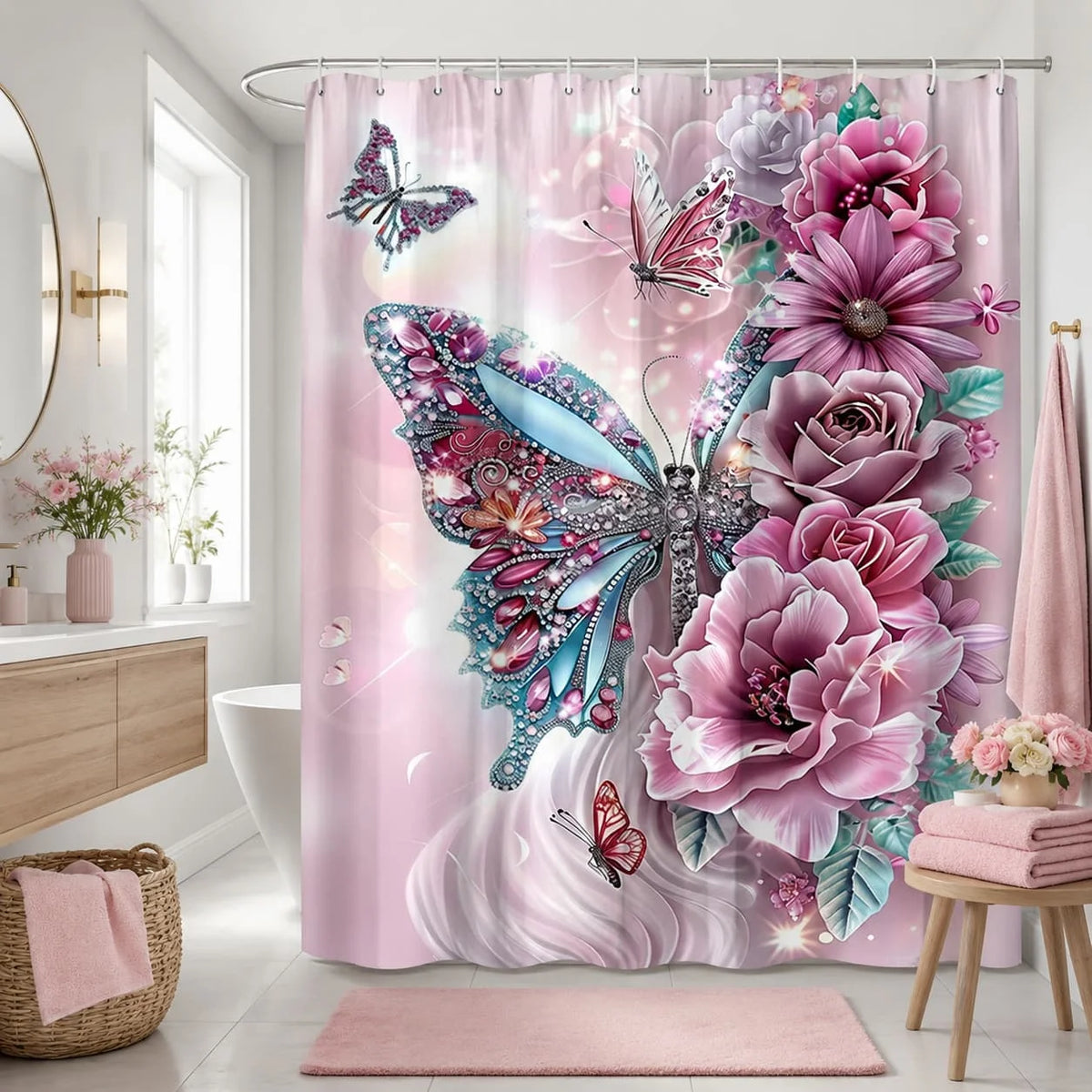 Floral Butterfly Shower Curtain with Hooks for Bathroom Decor