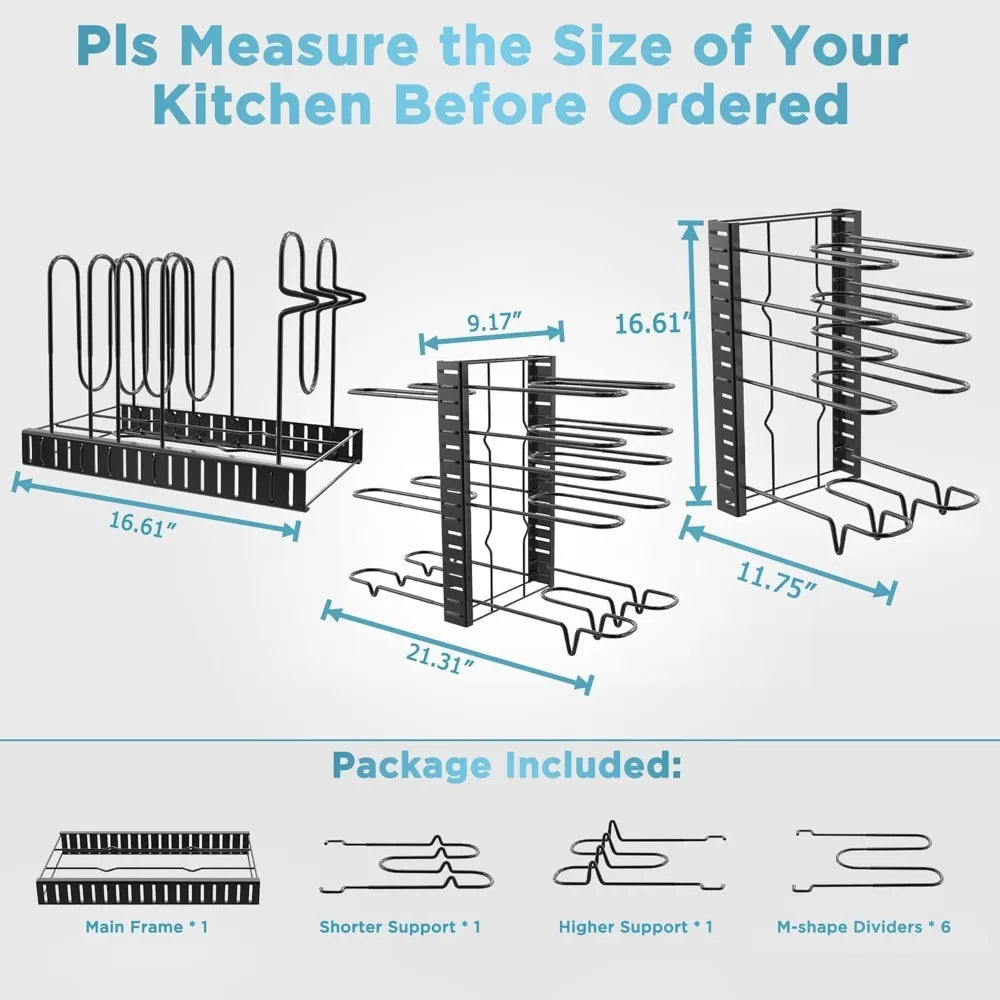 Adjustable Pots And Pans Organizer Rack For Kitchen Cabinets