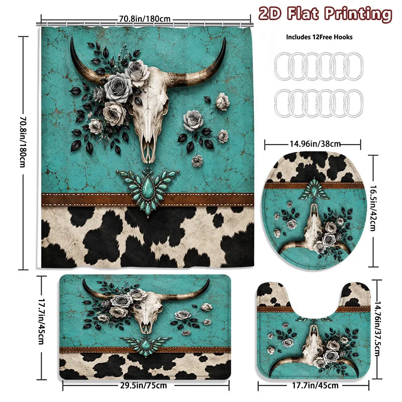 Western Cow Skull Shower Curtain Set Bath Mat And Accessories