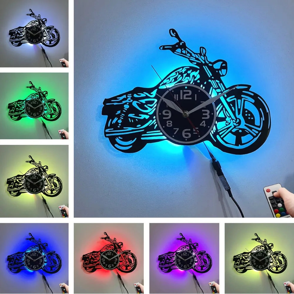 Motorcycle-Themed Wall Clock Featuring Silent Sweep Movement And Seven Color Night Light, Perfect for a 'S Room, for Man Cave, O
