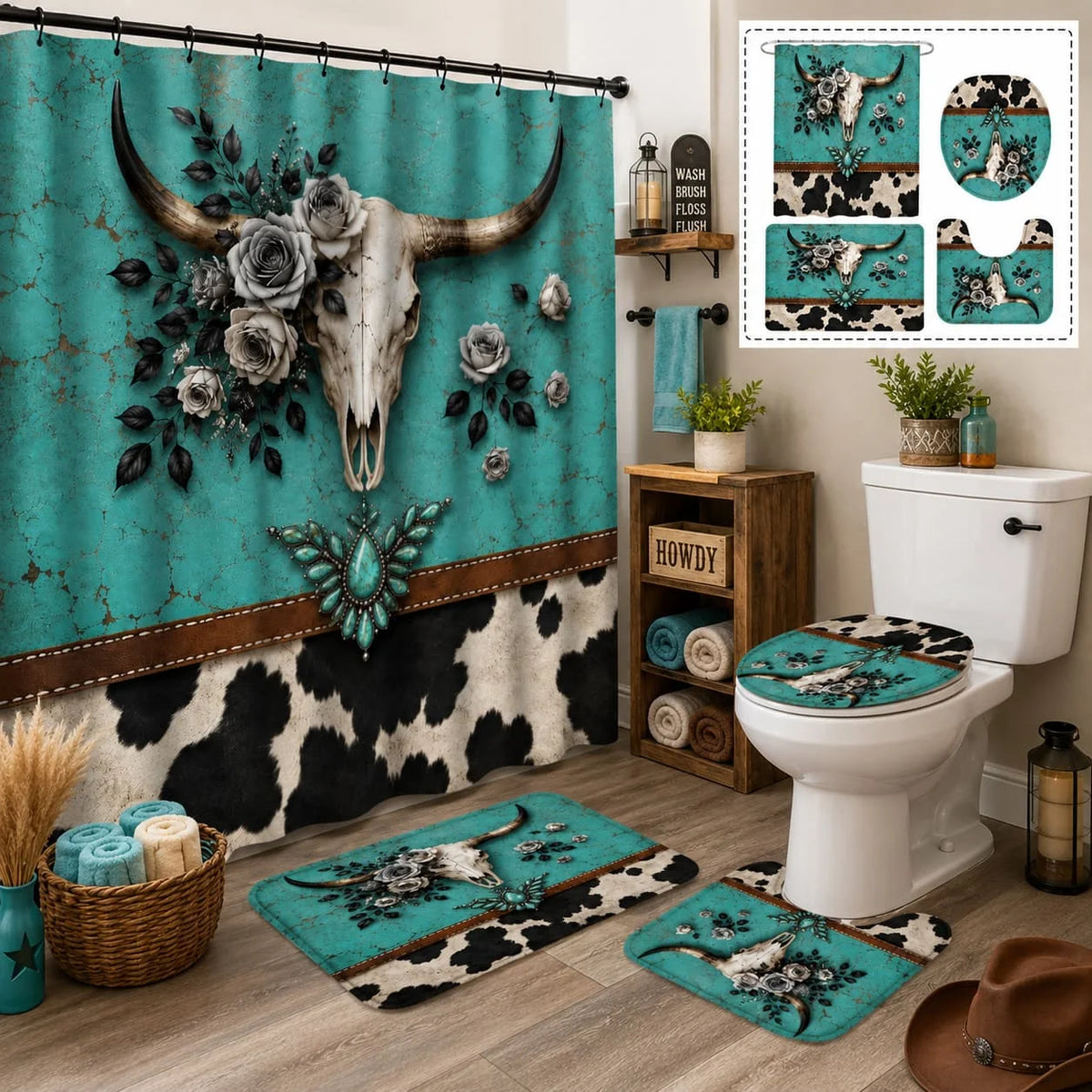 Western Cow Skull Shower Curtain Set Bath Mat And Accessories