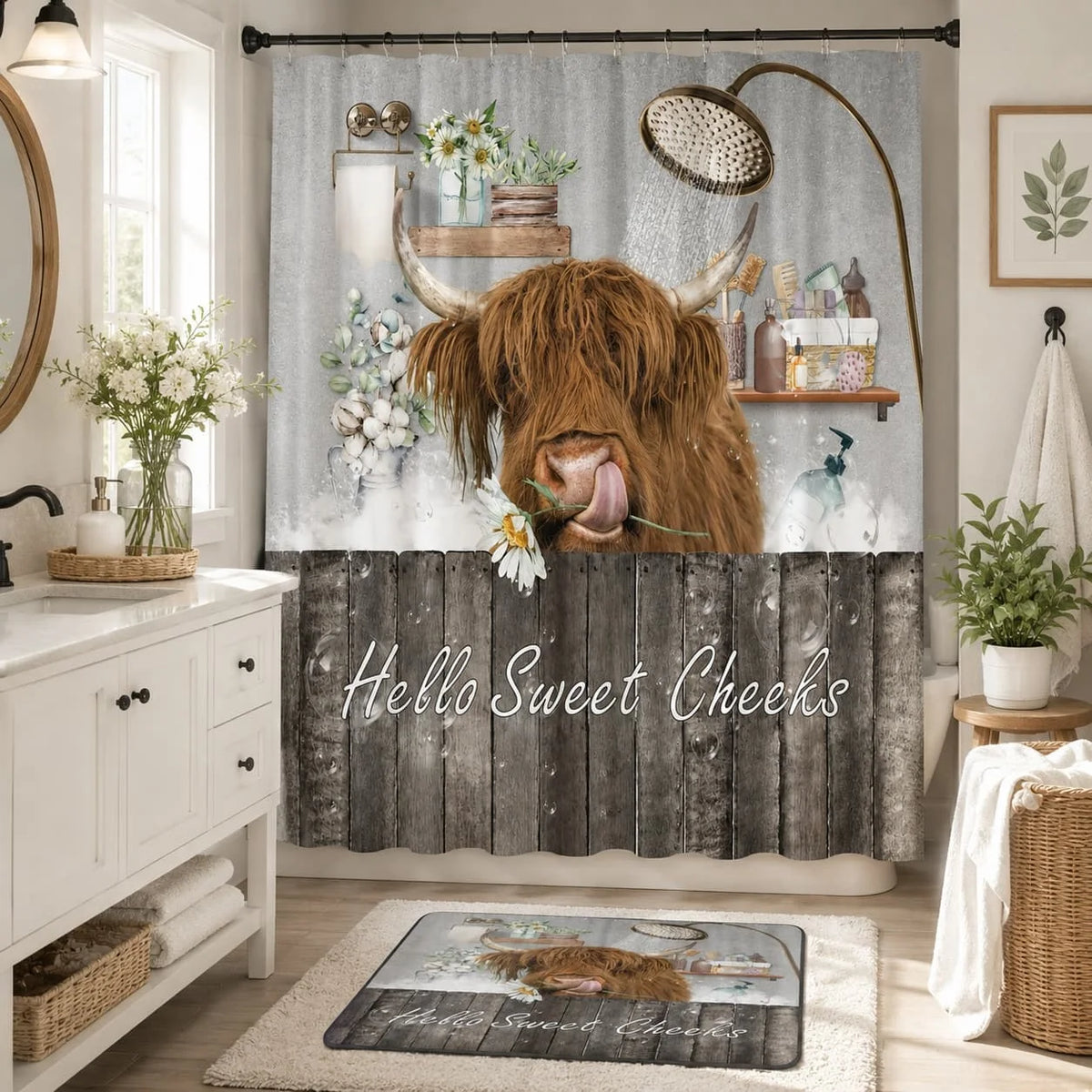 Highland Cow Scenic Polyester Shower Curtain for Farmhouse Bathrooms
