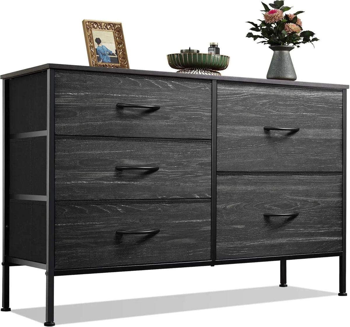 JHK Modern 5 Drawer Fabric Dresser With Metal Frame For Bedroom Living Room