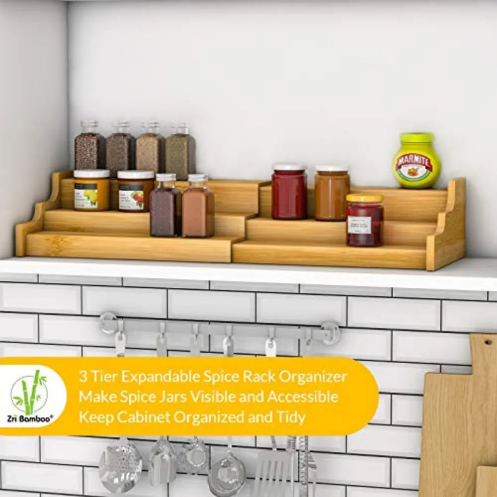 Premium Bamboo Spice Rack Expandable Kitchen Cabinet Organizer