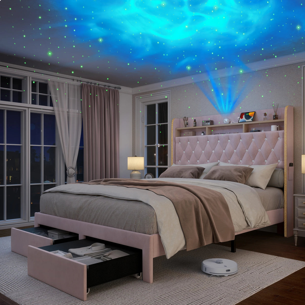 SIBEDS LED Bed Frame With Storage Drawers And Projector