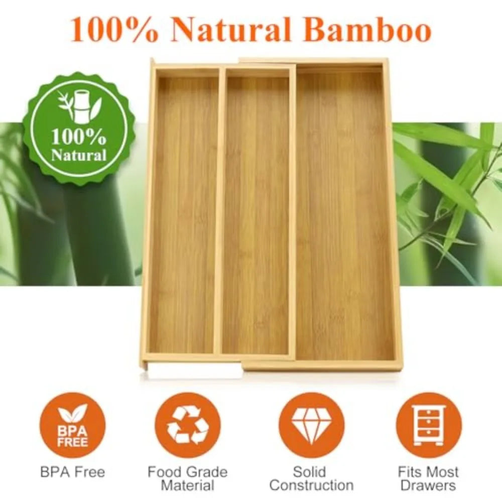Expandable Bamboo Kitchen Utensil Drawer Organizer Silverware Tray