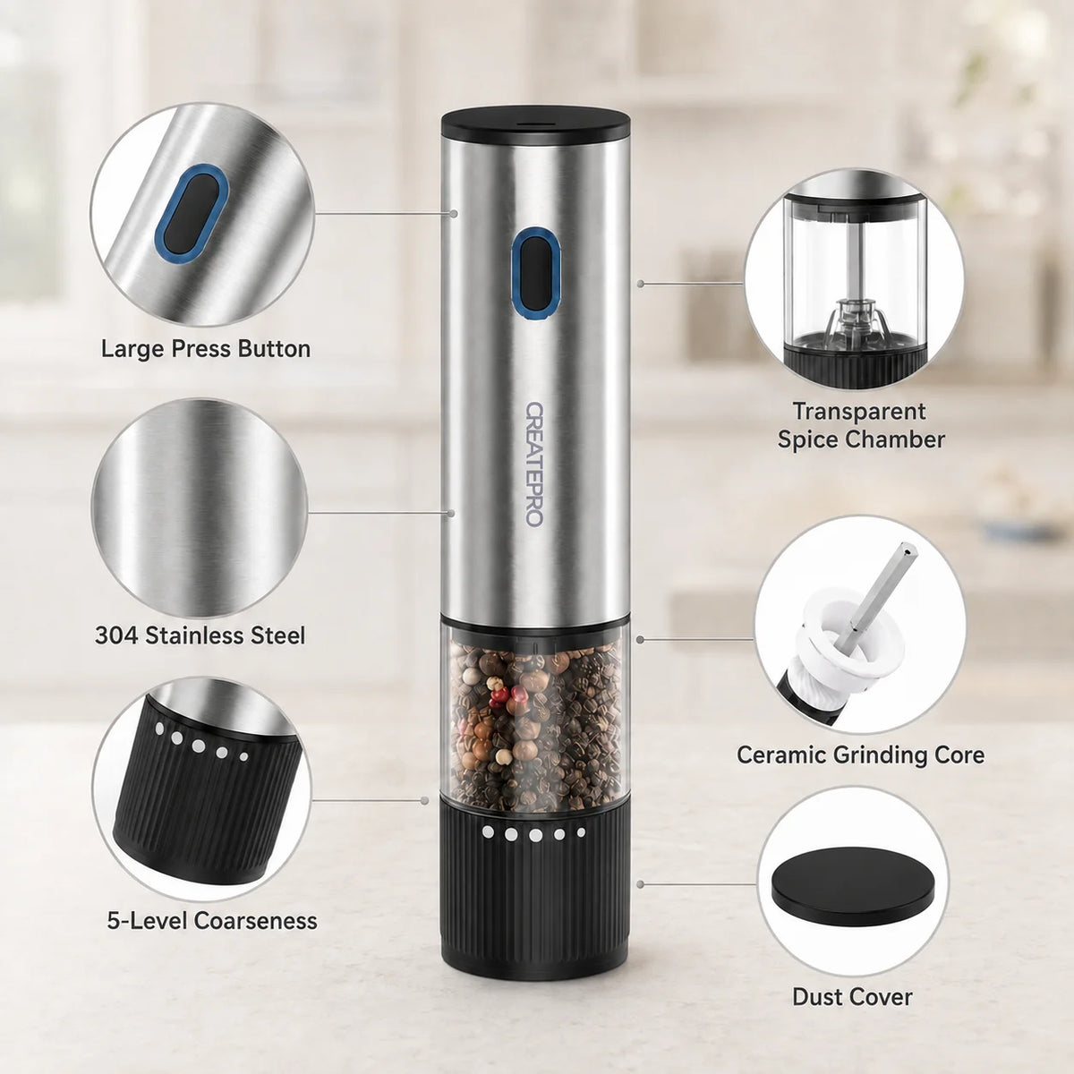 Rechargeable Automatic Salt And Pepper Grinder With Adjustable Coarseness
