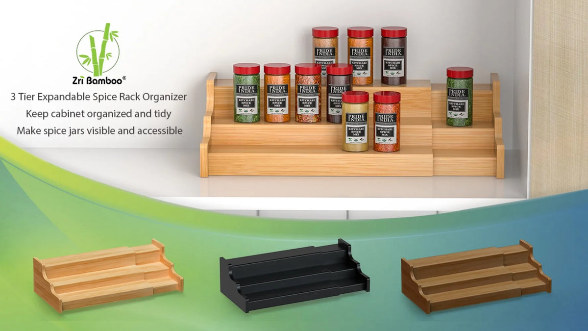 Premium Bamboo Spice Rack Expandable Kitchen Cabinet Organizer