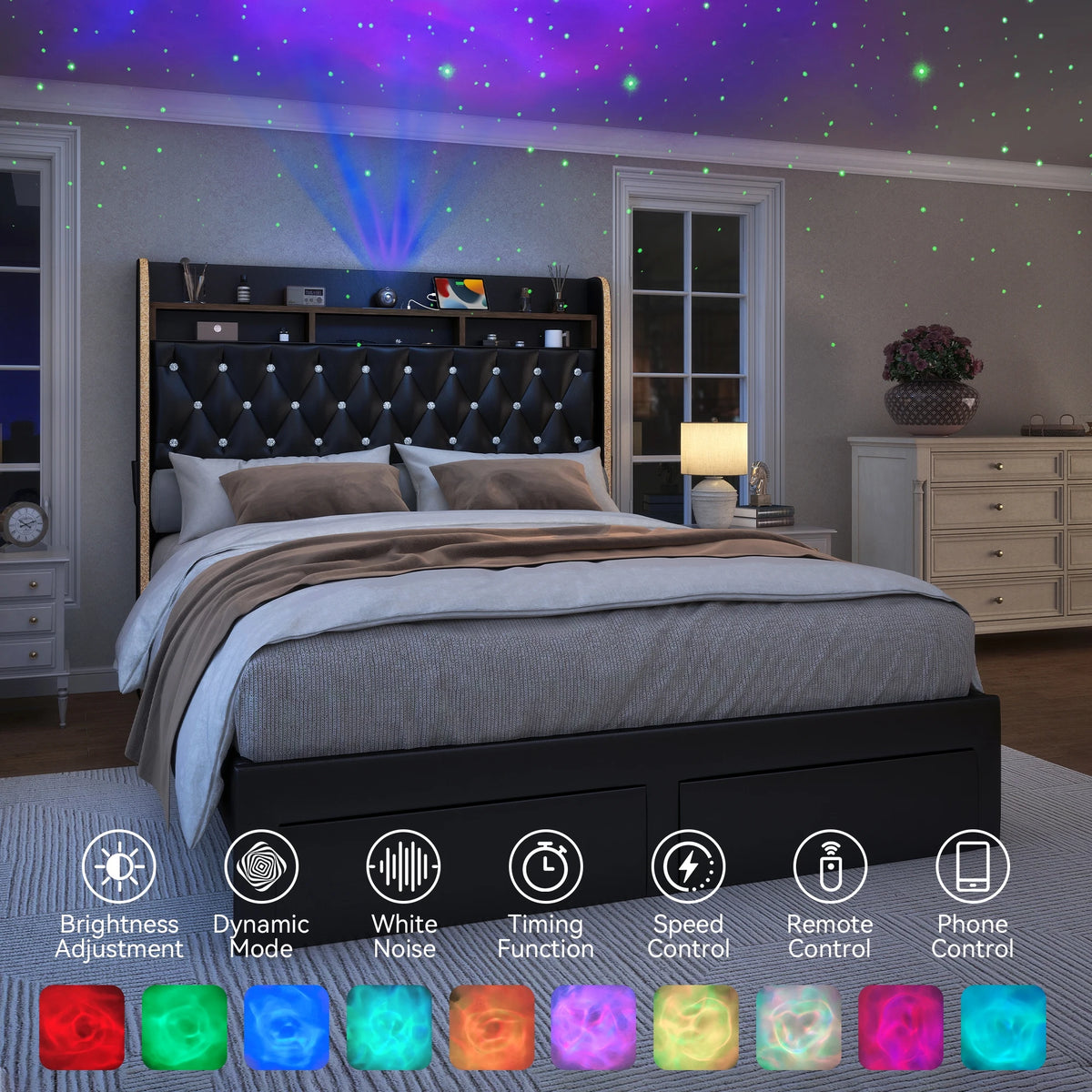 SIBEDS LED Bed Frame With Storage Drawers And Projector