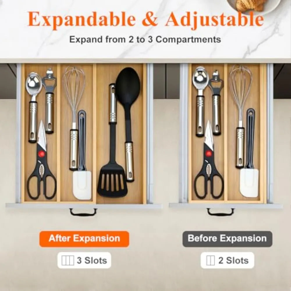 Expandable Bamboo Kitchen Utensil Drawer Organizer Silverware Tray