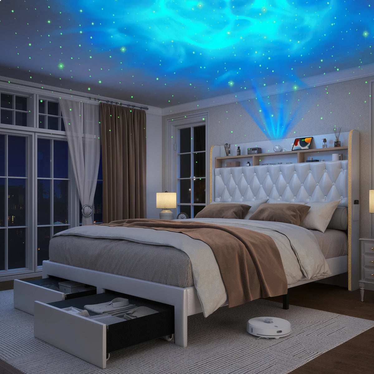 SIBEDS LED Bed Frame With Storage Drawers And Projector