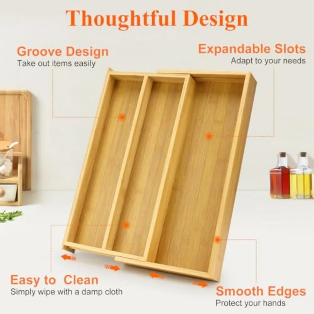 Expandable Bamboo Kitchen Utensil Drawer Organizer Silverware Tray