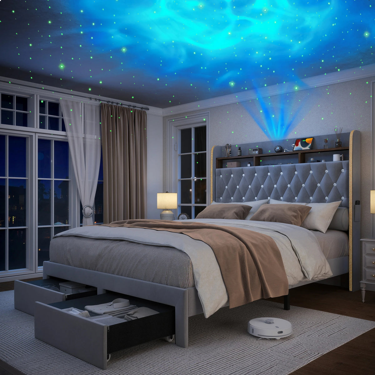 SIBEDS LED Bed Frame With Storage Drawers And Projector
