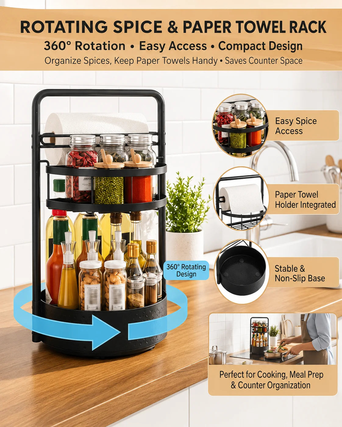 Stainless Steel Lazy Susan Rotating Kitchen Spice Rack Organizer