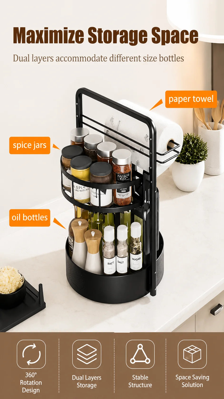 Stainless Steel Lazy Susan Rotating Kitchen Spice Rack Organizer