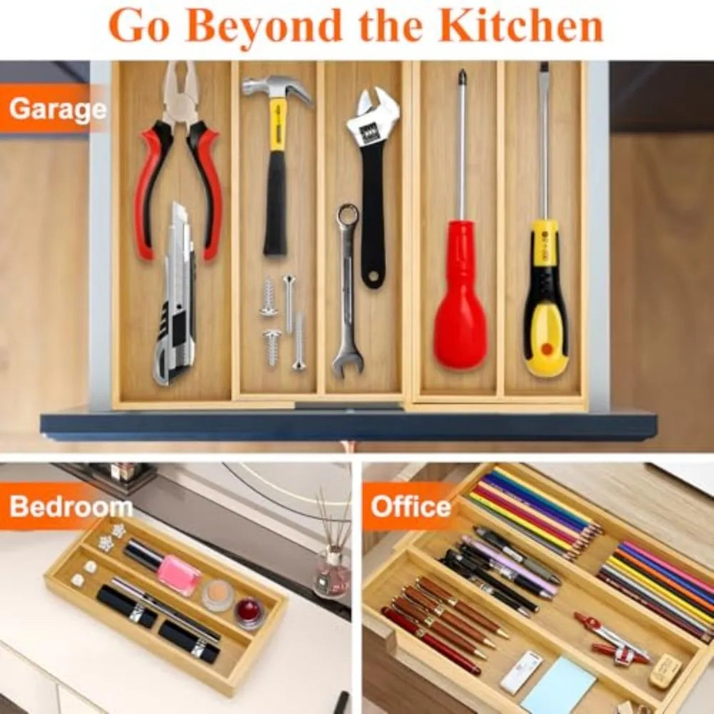 Expandable Bamboo Kitchen Utensil Drawer Organizer Silverware Tray