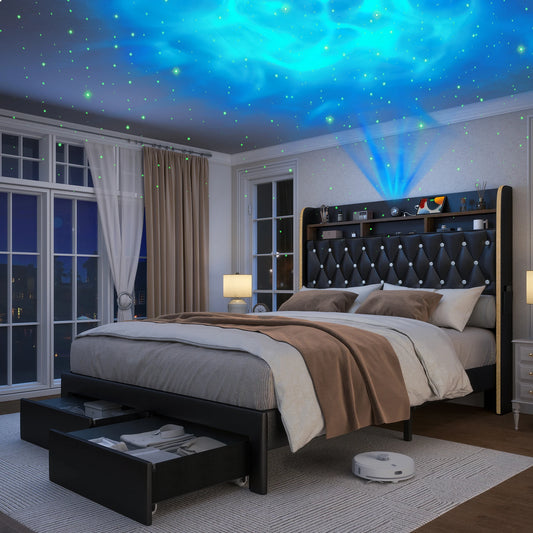 SIBEDS LED Bed Frame With Storage Drawers And Projector