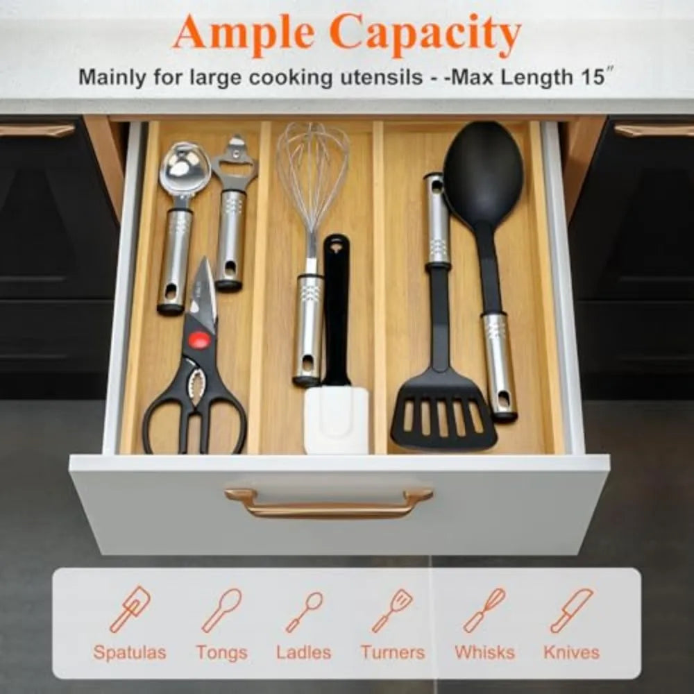 Expandable Bamboo Kitchen Utensil Drawer Organizer Silverware Tray