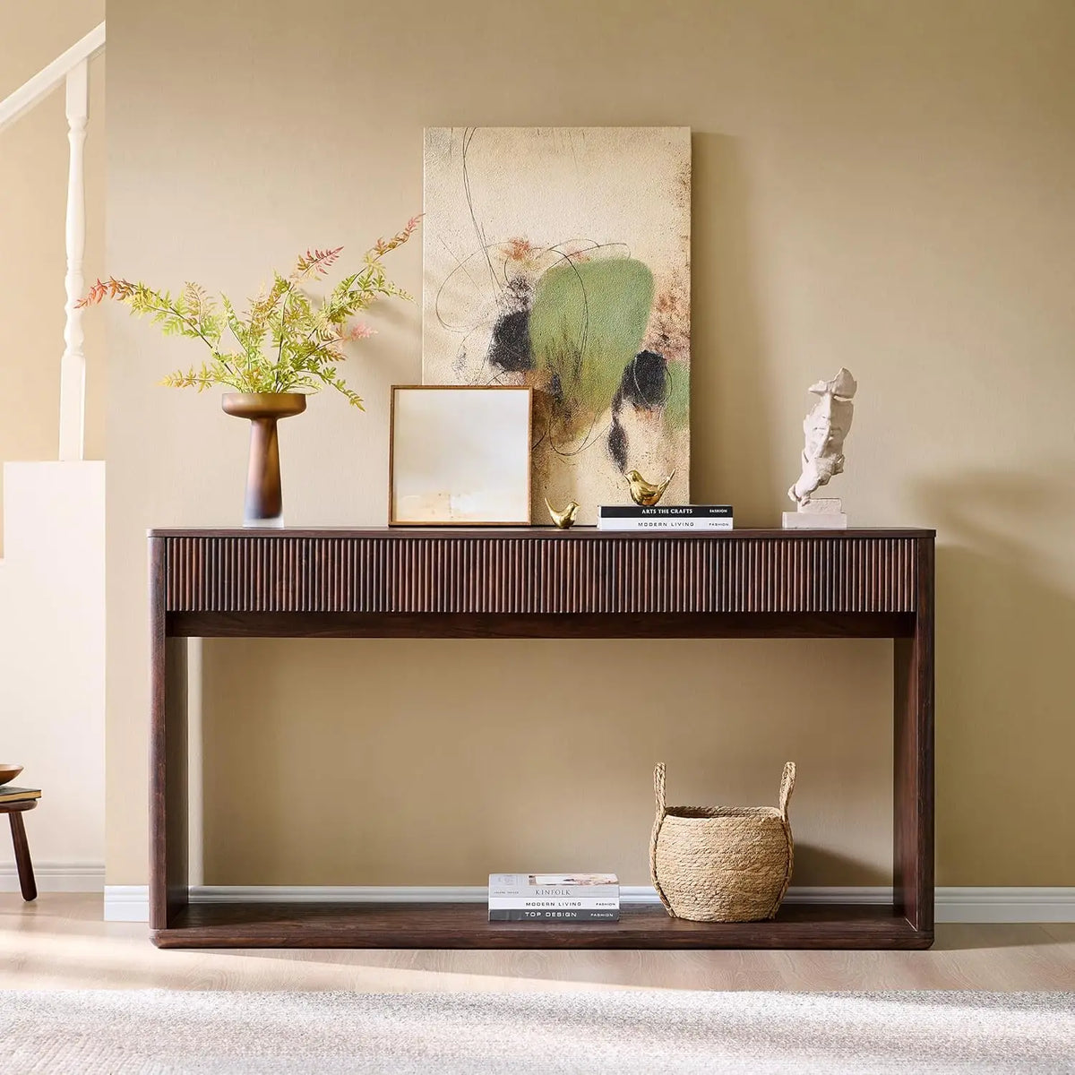 Fluted Engineered Wood Console Table With Two Large Drawers