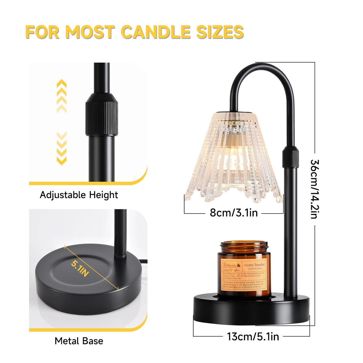 Adjustable Dimmable Candle Warmer Lamp With Glass Shade