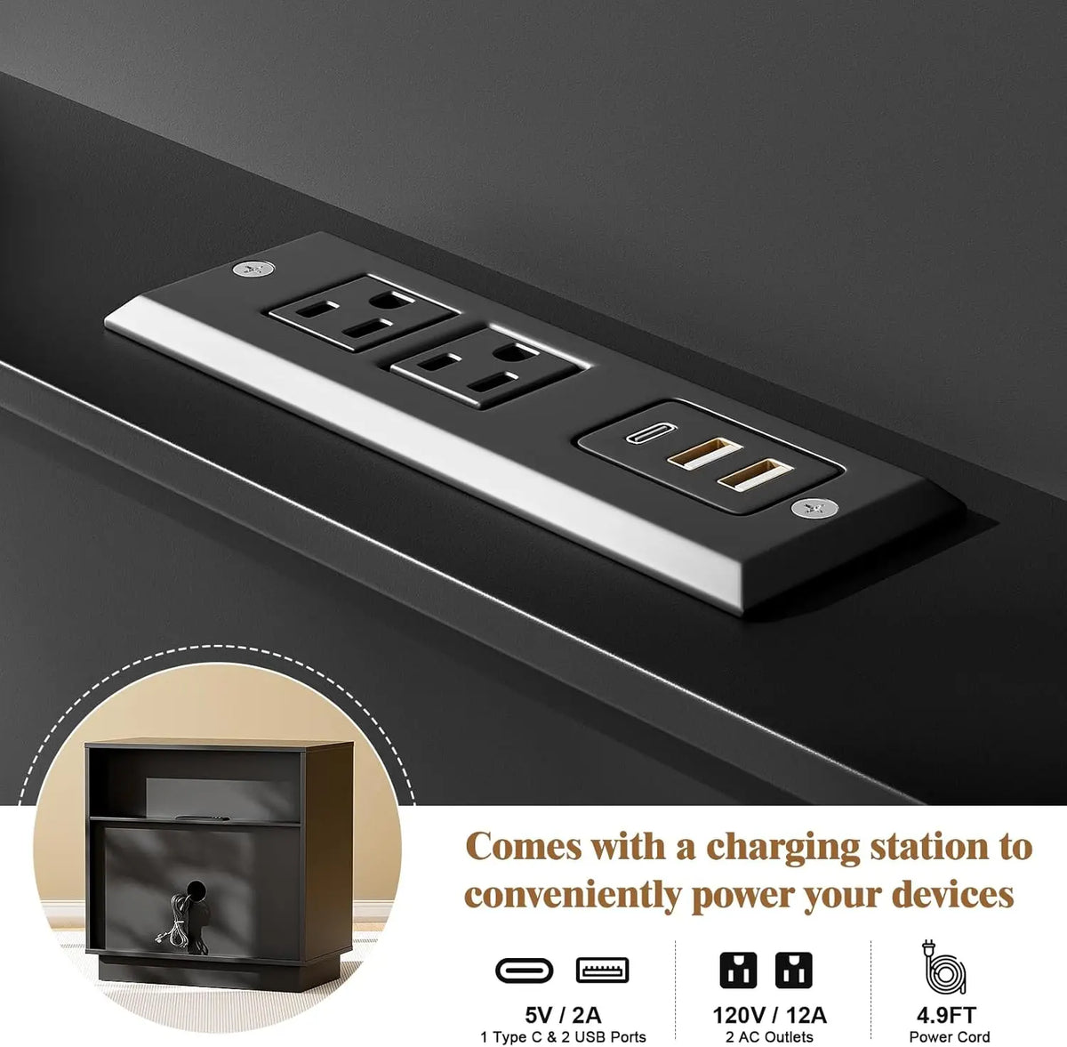 Modern Wood Nightstand With Three Drawers And USB Charging Port