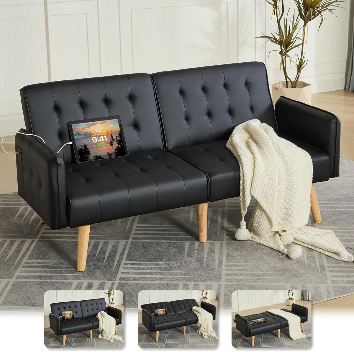 TYBOATLE Tufted Adjustable Futon Sofa Bed With USB Charging Ports