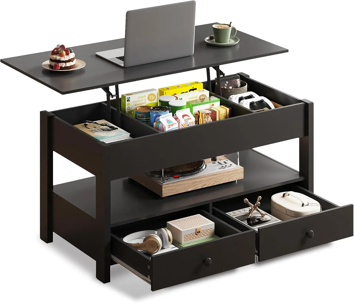 Wlive Lift Top Coffee Table With Drawers And Wooden Shelves
