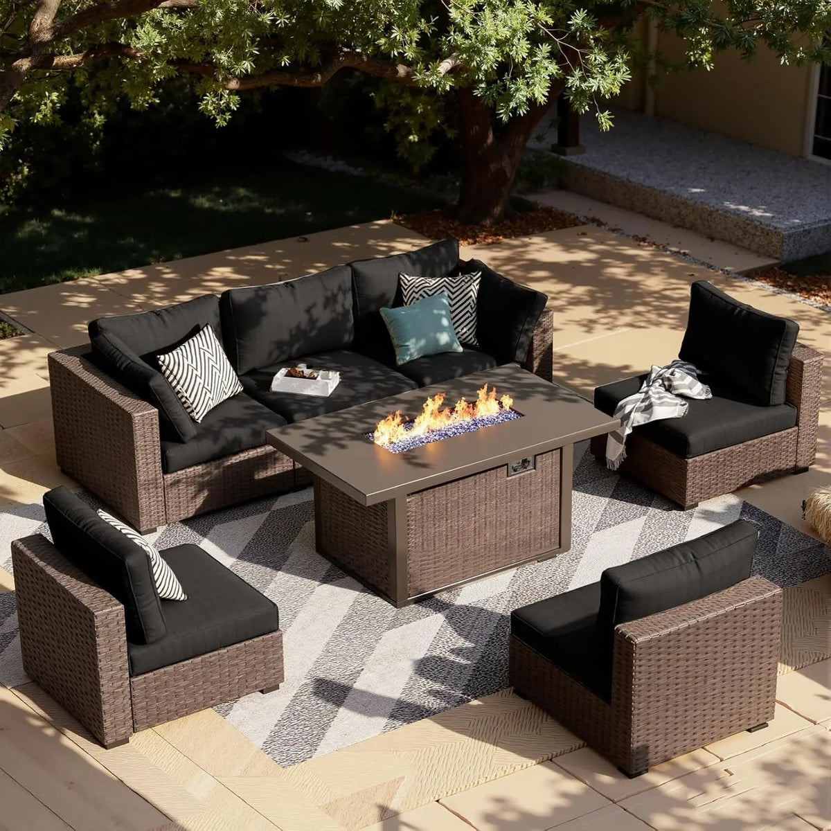 Xiaolang Seven Piece Outdoor Sectional Sofa With Fire Pit Table