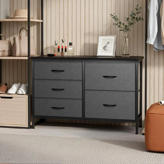 JHK Modern 5 Drawer Fabric Dresser With Metal Frame For Bedroom Living Room