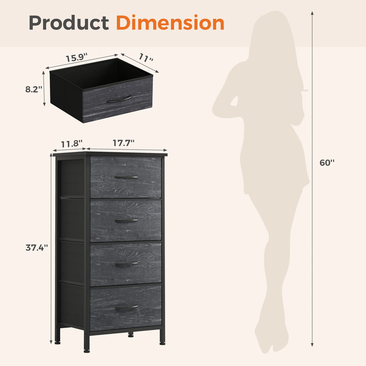 JHK 4 Drawer Fabric Storage Cabinet With Sturdy Steel Frame