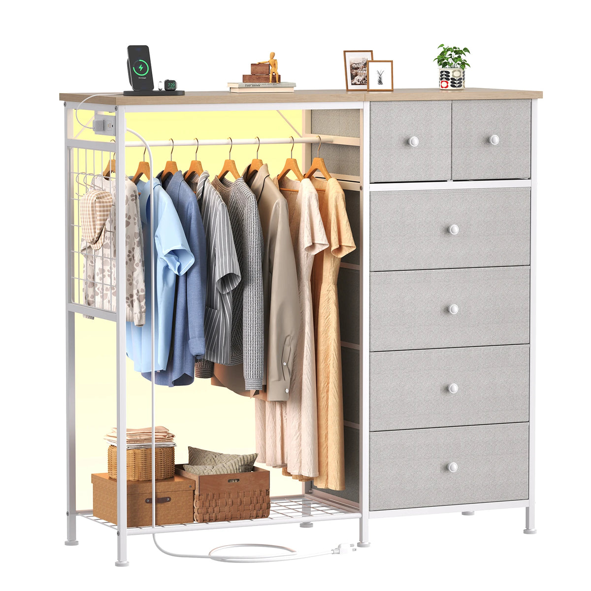 JHK Fabric Dresser With Hanging Rack And Charging Station Storage