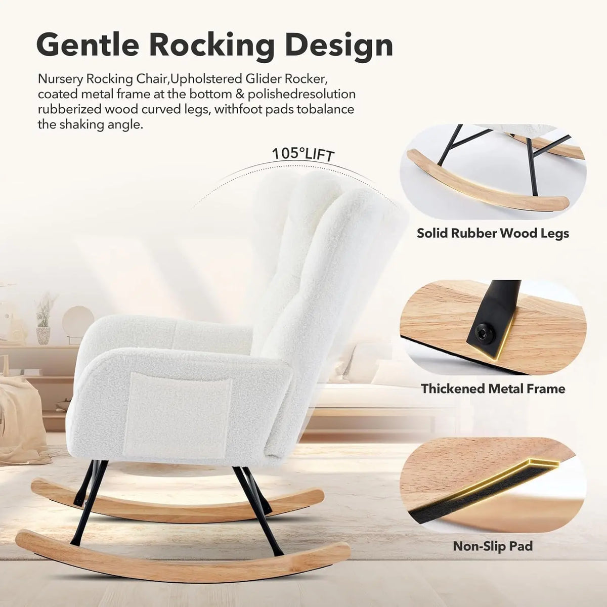 Studyset Modern Upholstered Boucle Rocking Chair With Side Pocket