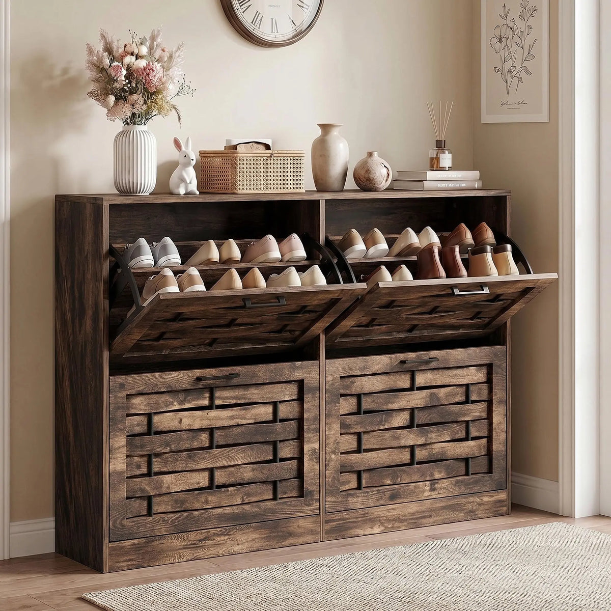 Slim Shoe Cabinet With Four Flip Drawers And Woven Front Panels