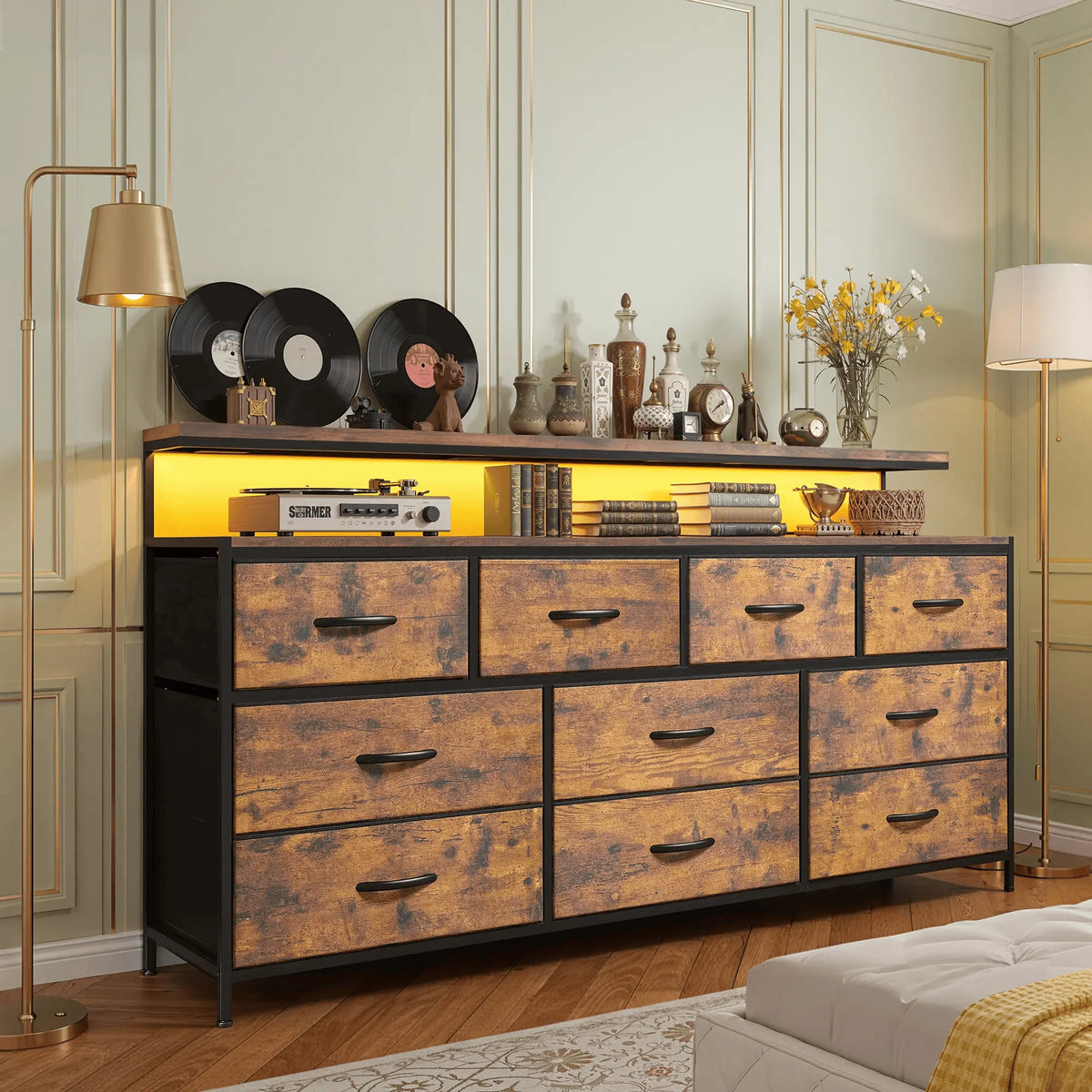 EnHomee 55 Inch Multi Function Dresser Ten Fabric Drawers Led Lighting