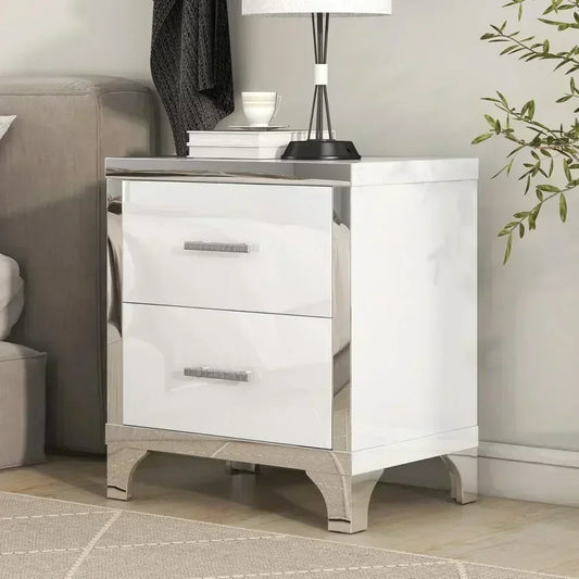 Modern Mirrored Nightstand With 2 Drawers And Metal Handles