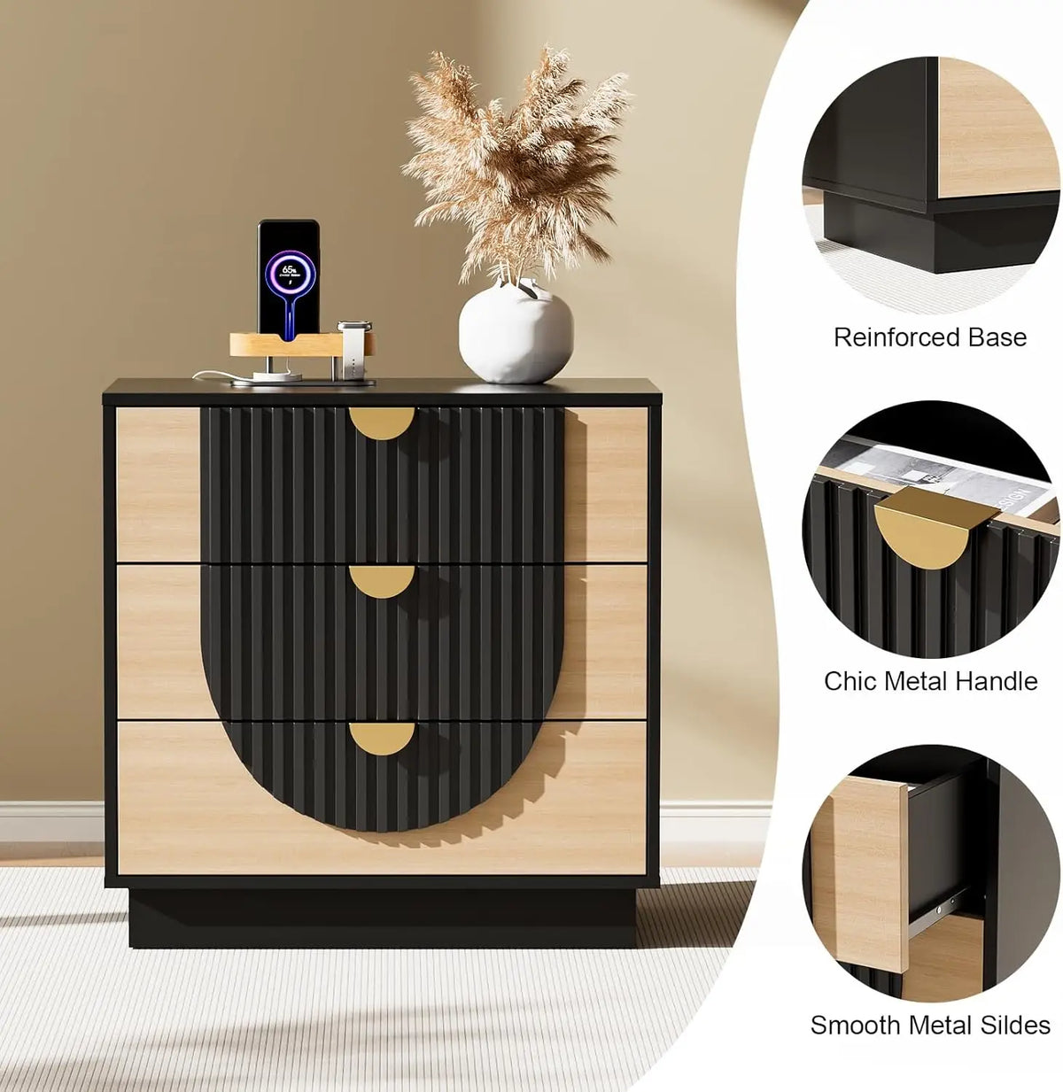 Modern Wood Nightstand With Three Drawers And USB Charging Port