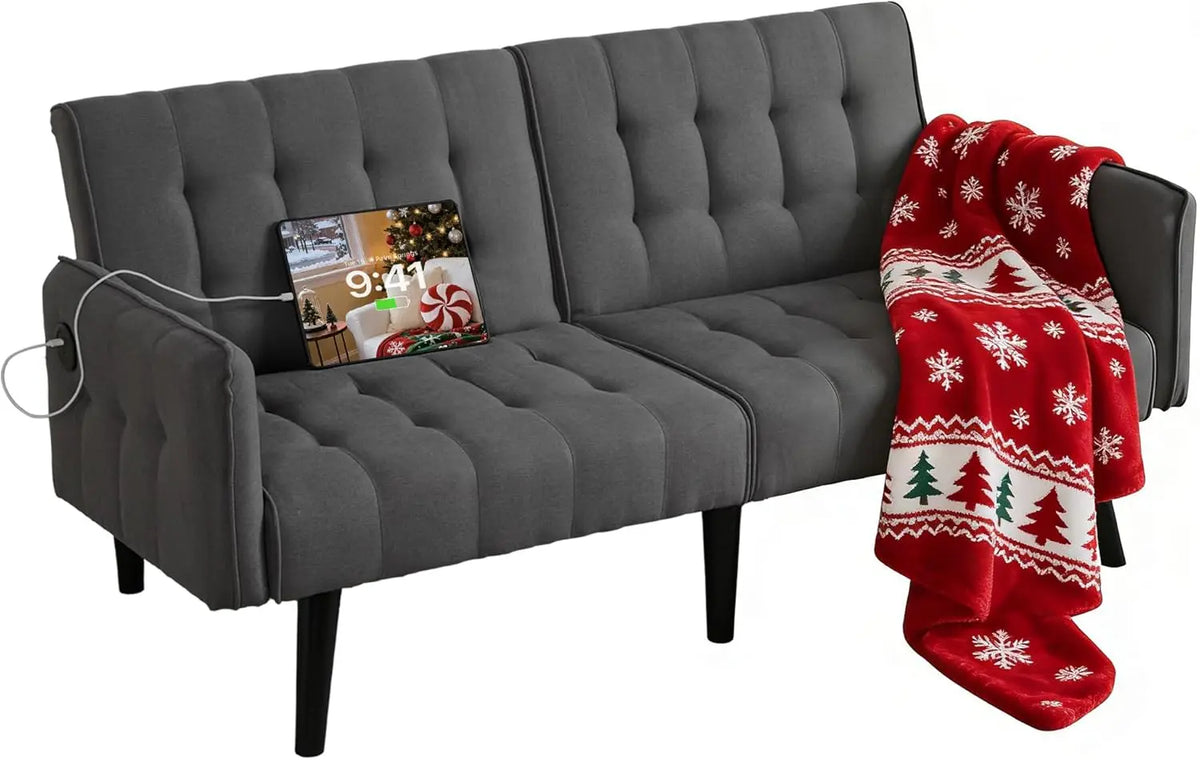 TYBOATLE Tufted Adjustable Futon Sofa Bed With USB Charging Ports