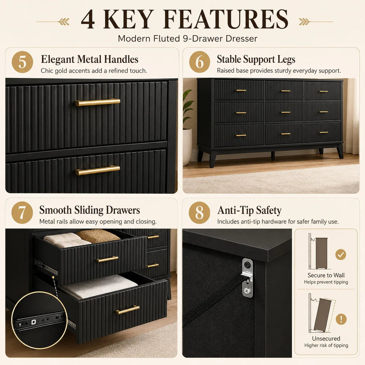 Modern Fluted Wood Nine Drawer Dresser With Storage Cabinet