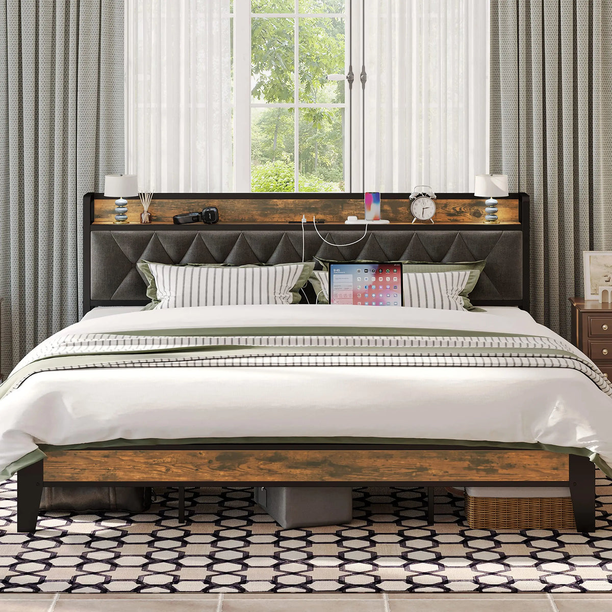ANCTOR Modern Bed Frame With Storage Headboard Built In Outlets