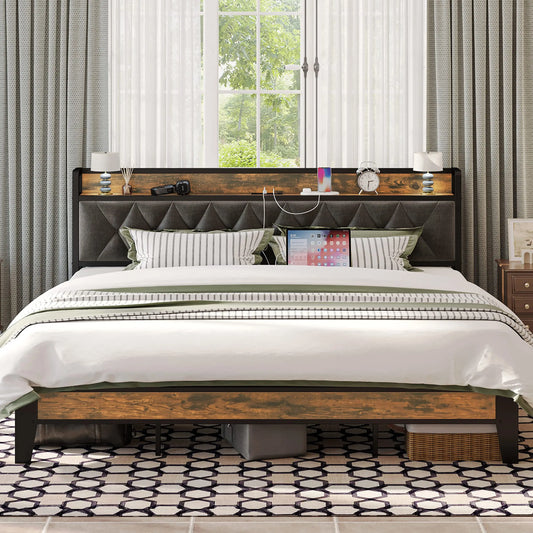 ANCTOR Modern Bed Frame With Storage Headboard Built In Outlets
