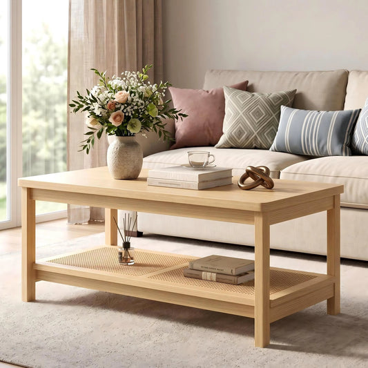 HiMISS Mid Century Modern Two Tier Rattan Storage Coffee Table