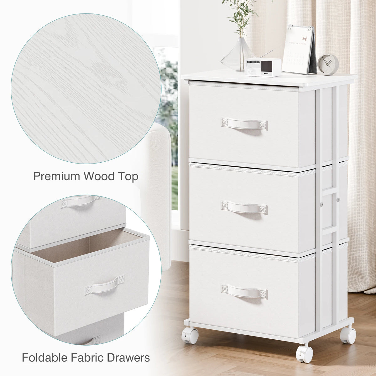 JHK 3 Drawer Rolling Fabric Dresser Cabinet