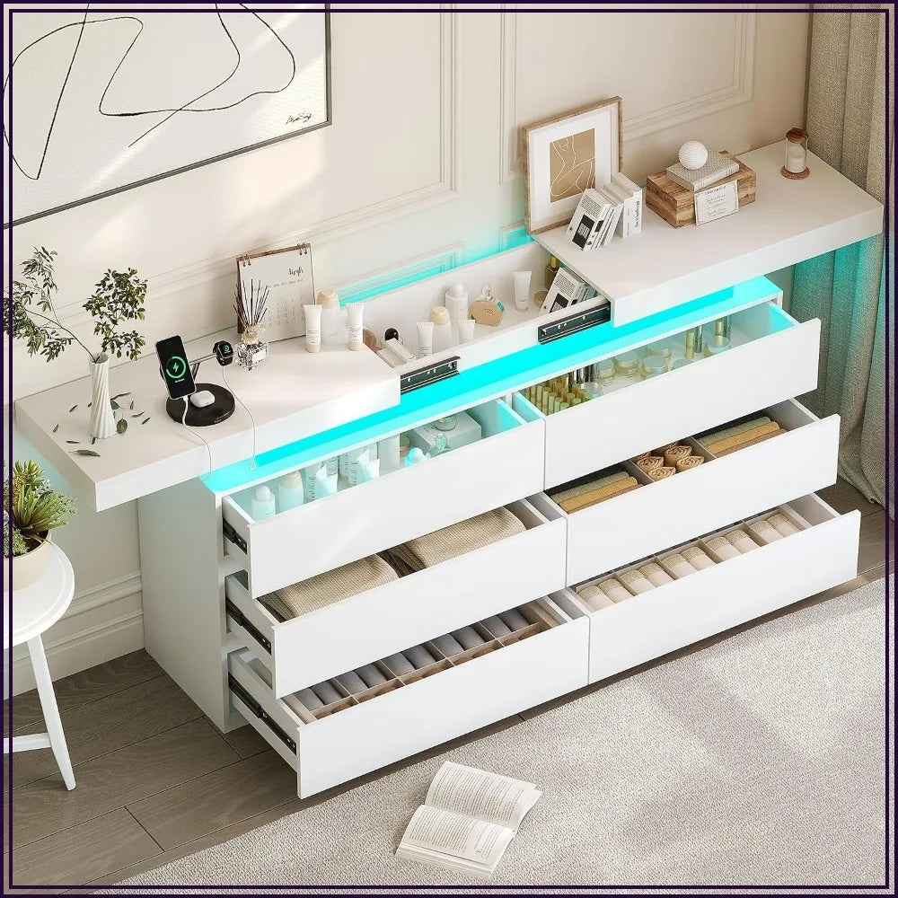 Led 6 Drawer Bedroom Dresser Featuring Charging Station